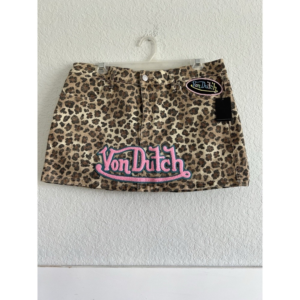 Von Dutch Leopard Denim Skirt Womens 30 Small Pink Puff Logo Cheetah Print Mini